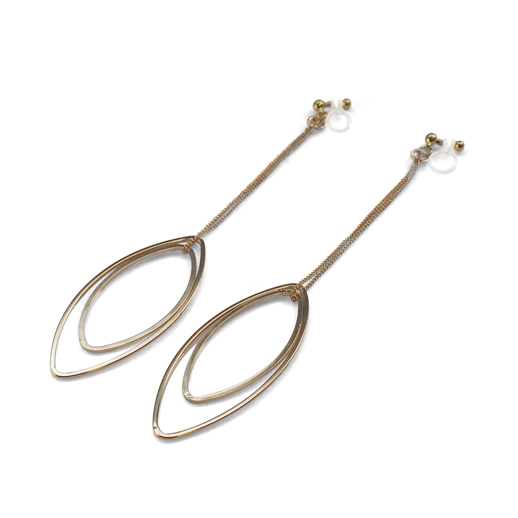 Dangle gold double oval hoop invisible clip on earrings - miyabigracejewelry.com