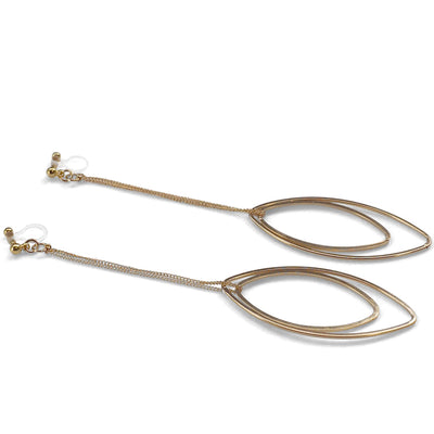 Dangle gold double oval hoop invisible clip on earrings - miyabigracejewelry.com