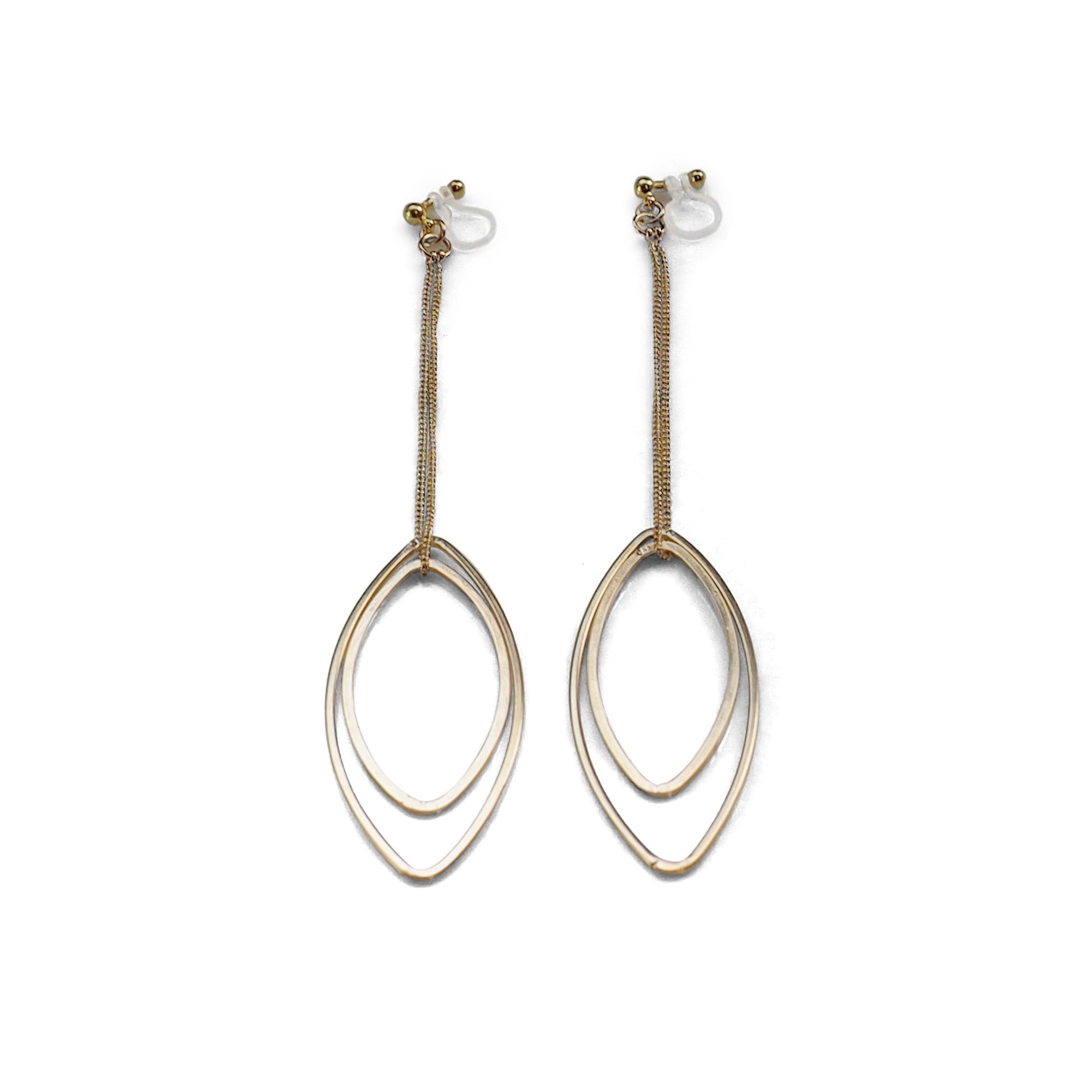 Dangle gold double oval hoop invisible clip on earrings - miyabigracejewelry.com