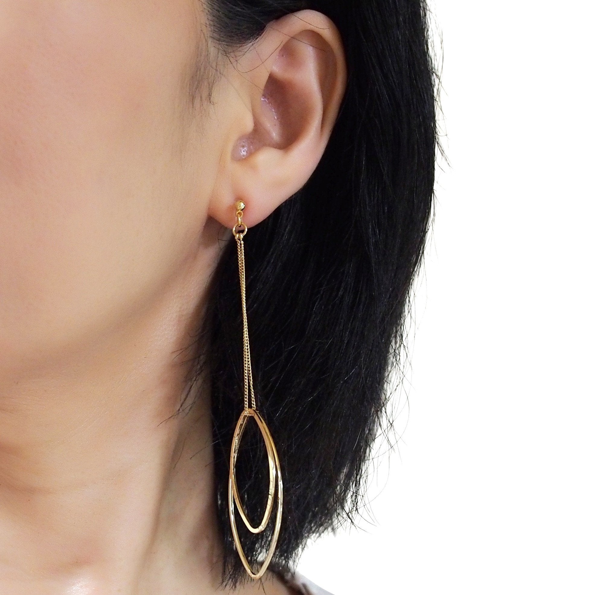 Dangle gold double oval hoop invisible clip on earrings - miyabigracejewelry.com