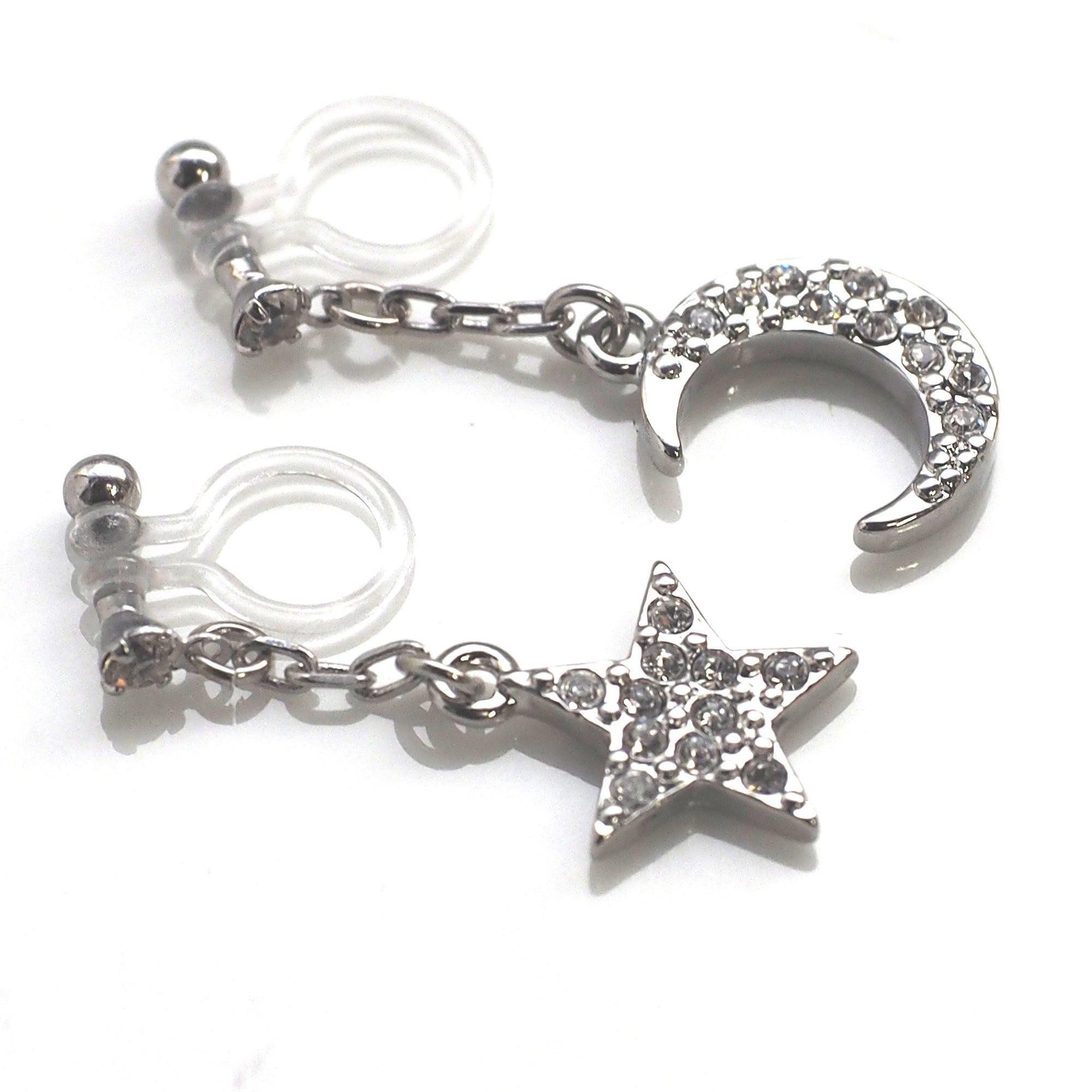 rhinestone star and moon invisible clip on earrings - miyabigracejewelry.com