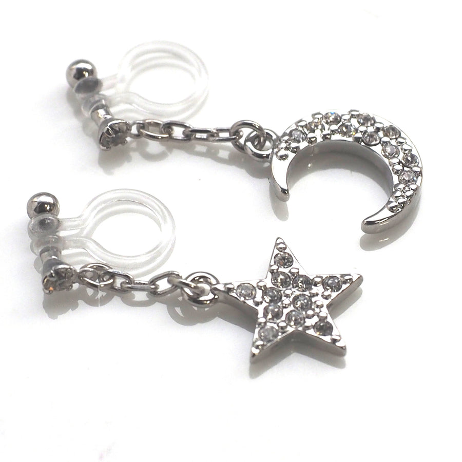 rhinestone star and moon invisible clip on earrings - miyabigracejewelry.com