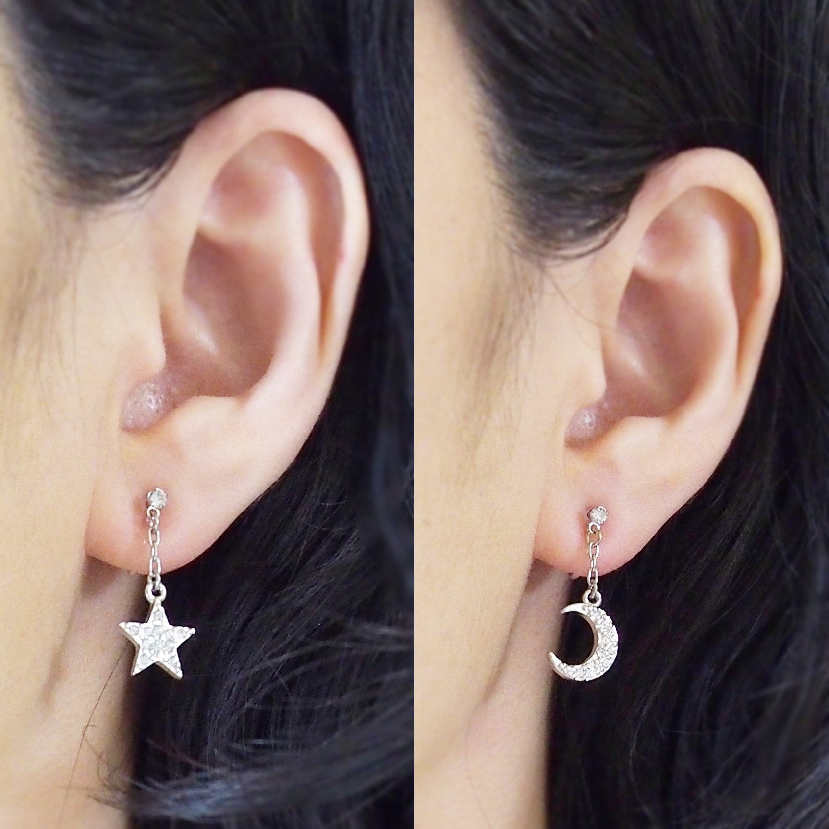 rhinestone star and moon invisible clip on earrings - miyabigracejewelry.com