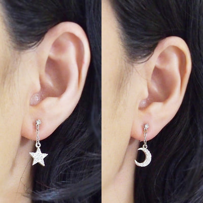 rhinestone star and moon invisible clip on earrings - miyabigracejewelry.com