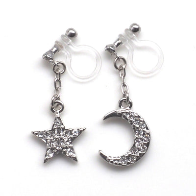 rhinestone star and moon invisible clip on earrings - miyabigracejewelry.com