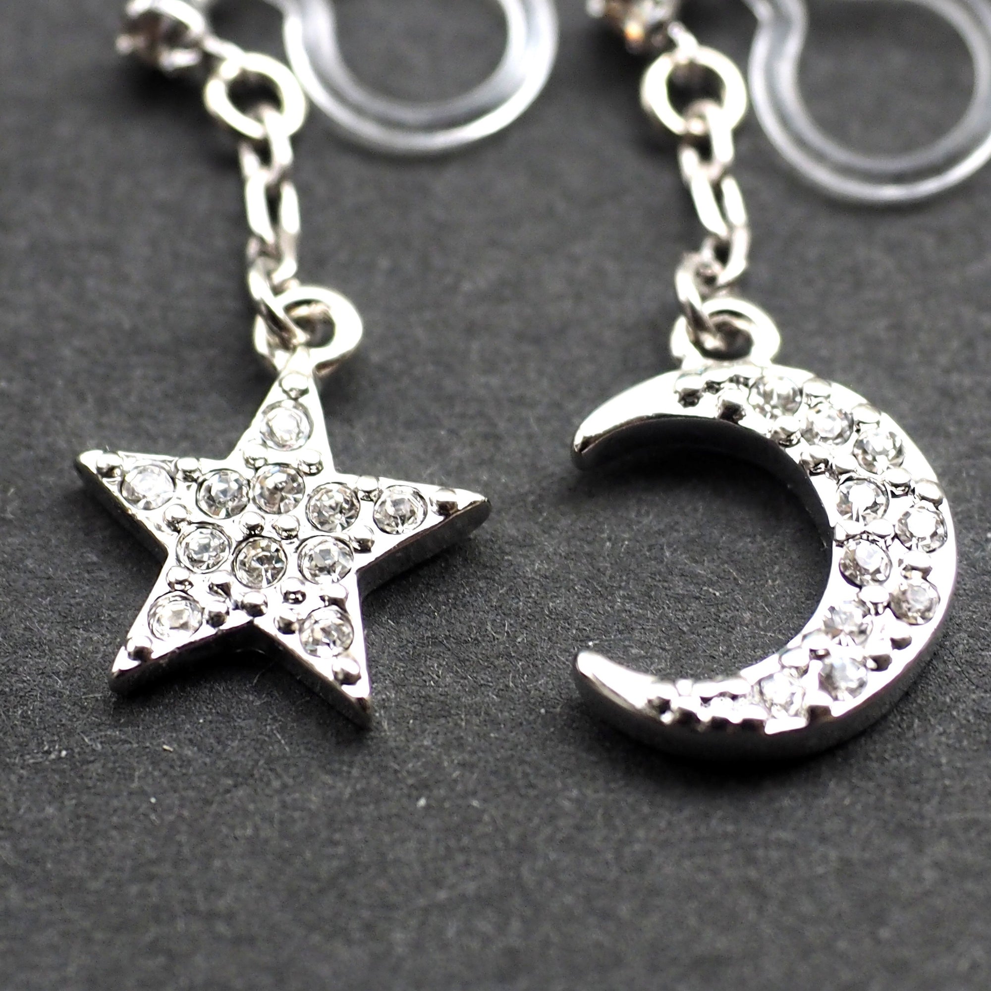 rhinestone star and moon invisible clip on earrings - miyabigracejewelry.com