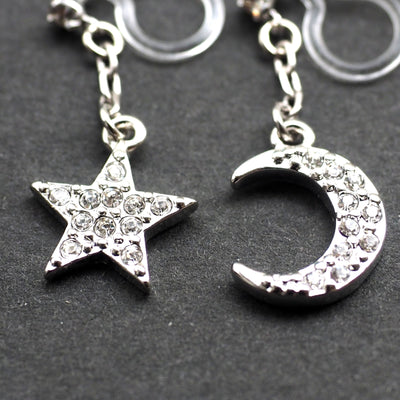 rhinestone star and moon invisible clip on earrings - miyabigracejewelry.com