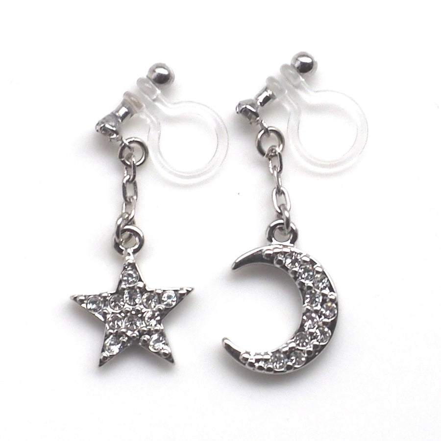 rhinestone star and moon invisible clip on earrings - miyabigracejewelry.com