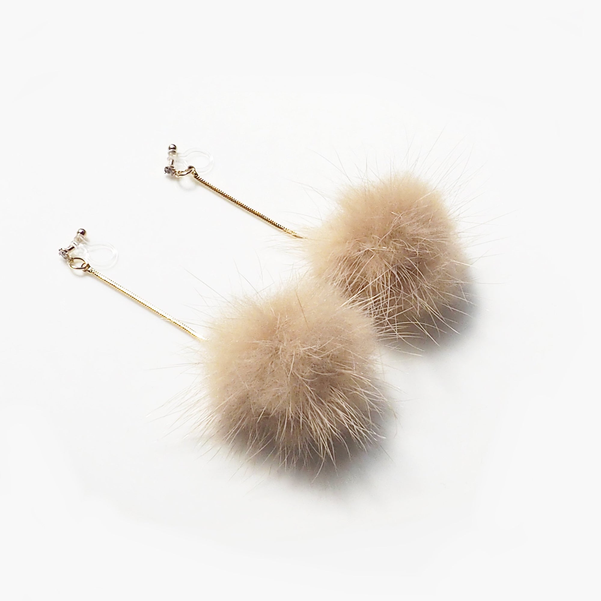 Light Brown Mink Fur Pom Pom Invisible Clip On Earrings - miyabigracejewelry.com