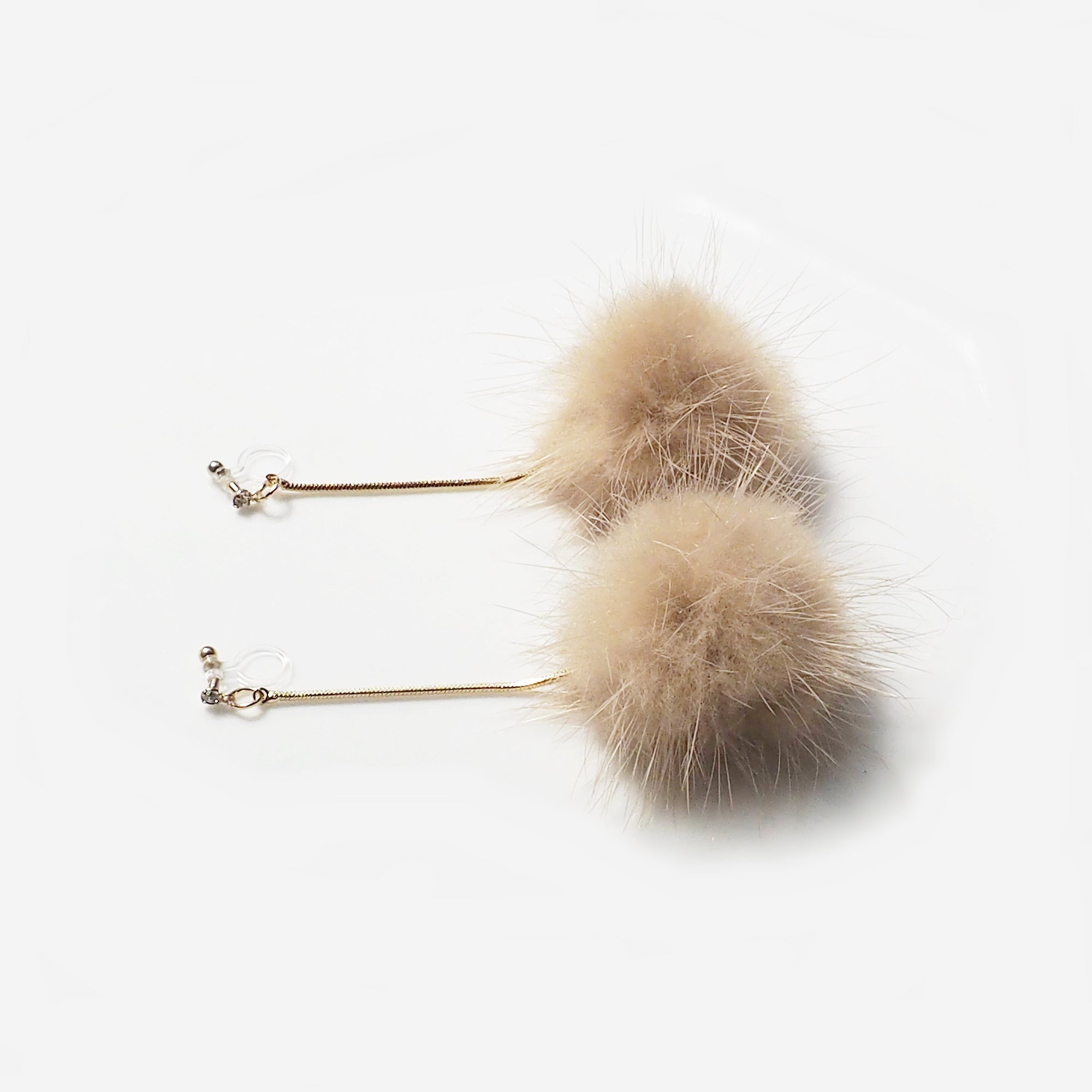 Light Brown Mink Fur Pom Pom Invisible Clip On Earrings - miyabigracejewelry.com