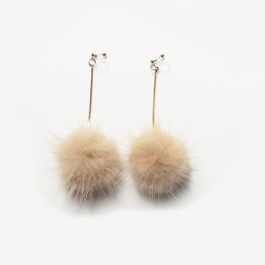 Light Brown Mink Fur Pom Pom Invisible Clip On Earrings - miyabigracejewelry.com
