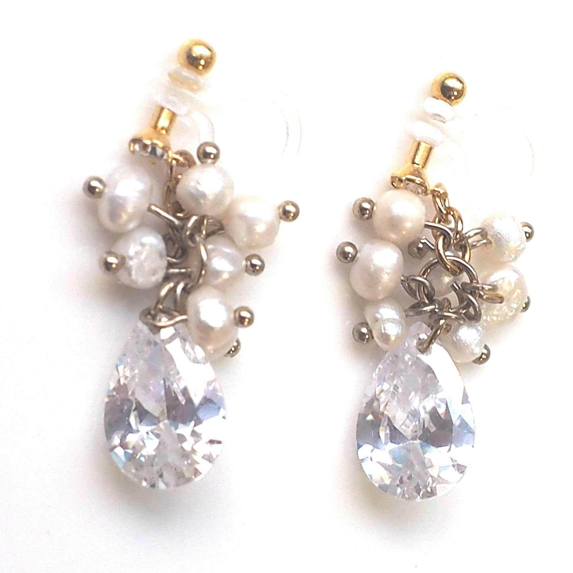 Freshwater pearl and cubic zirconia invisible clip on earrings - miyabigracejewelry.com