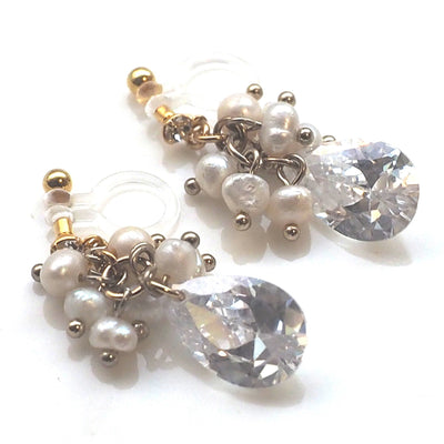 Freshwater pearl and cubic zirconia invisible clip on earrings - miyabigracejewelry.com