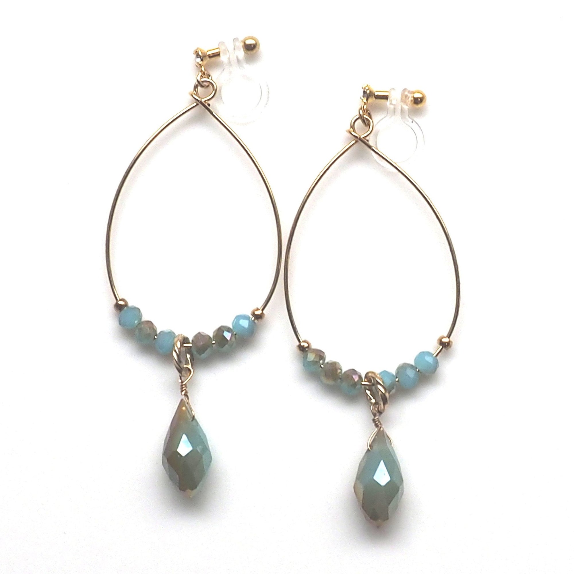 Pale green beads invisible clip on hoop earrings - miyabigracejewelry.com