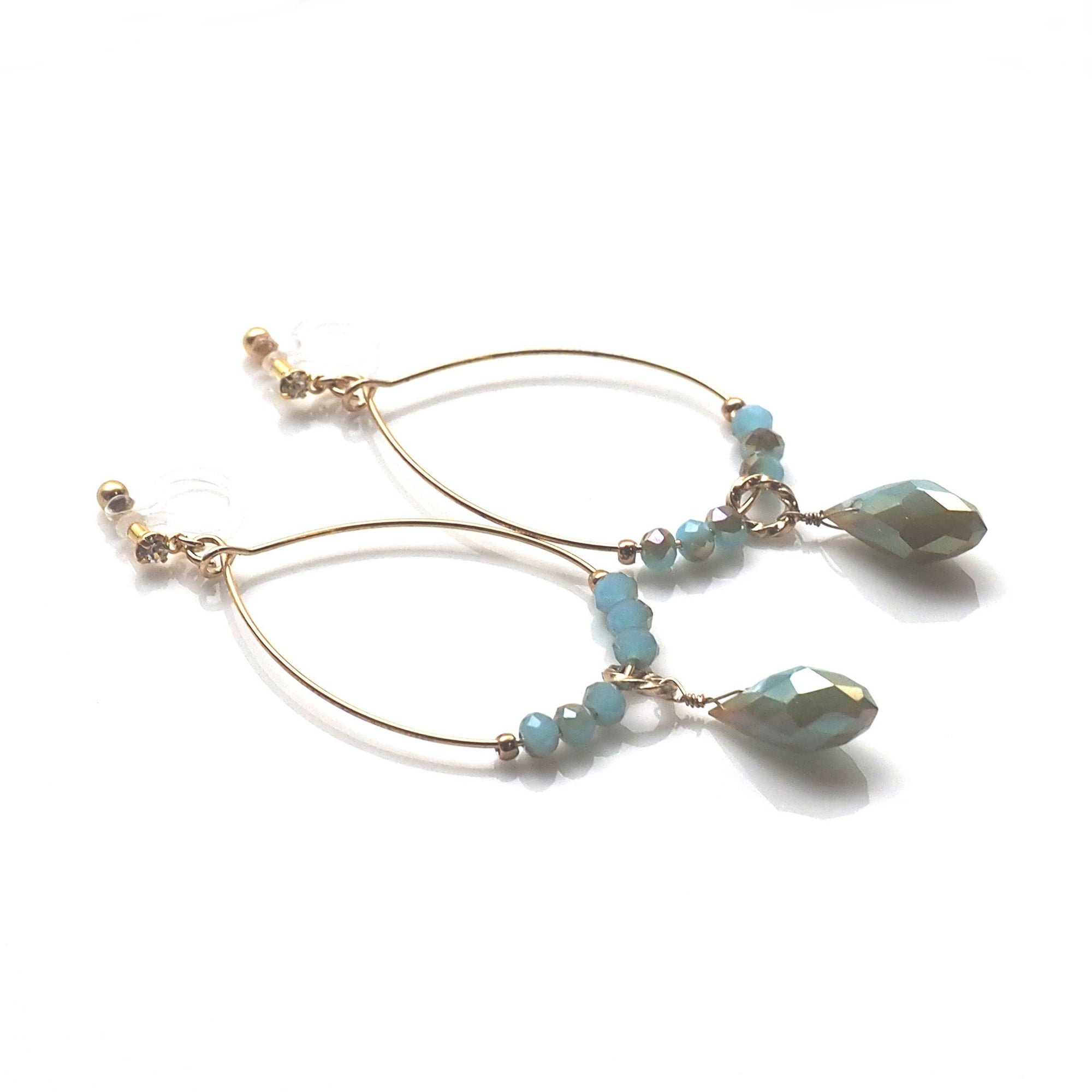 Pale green beads invisible clip on hoop earrings - miyabigracejewelry.com