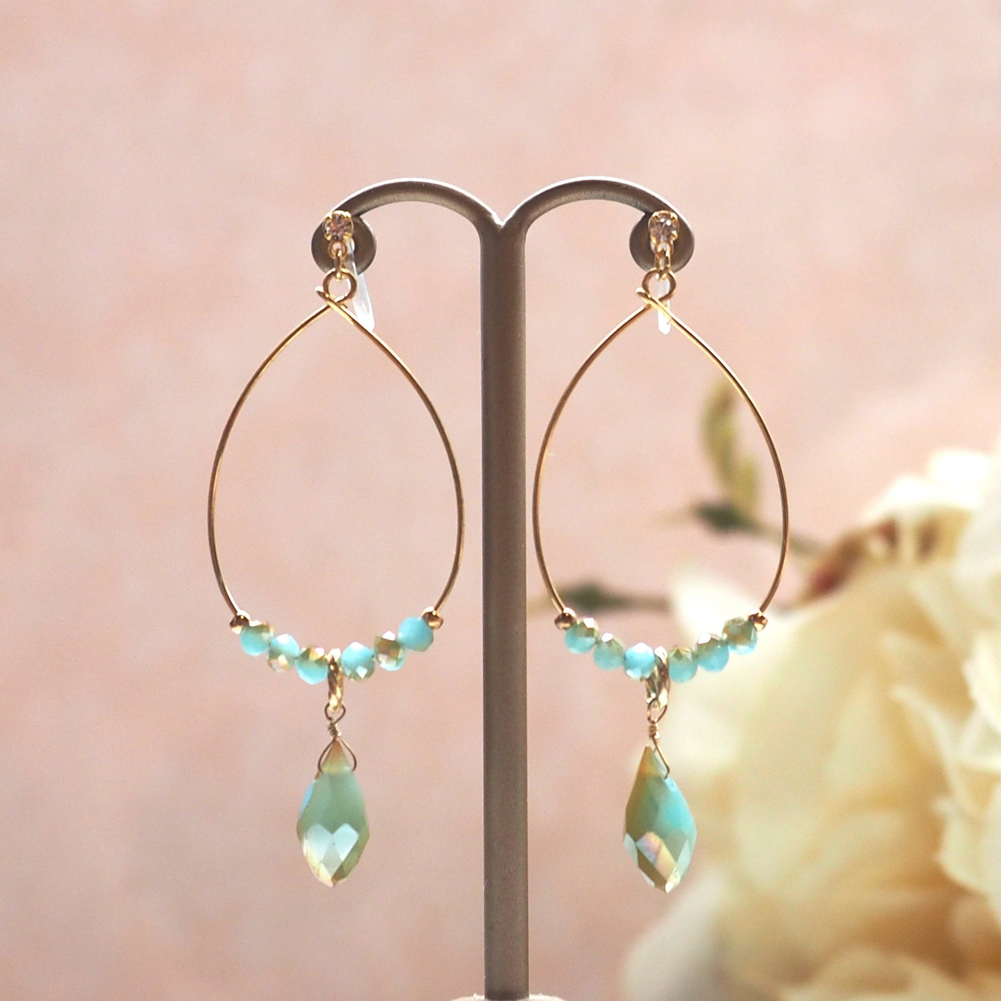 Pale green beads invisible clip on hoop earrings - miyabigracejewelry.com