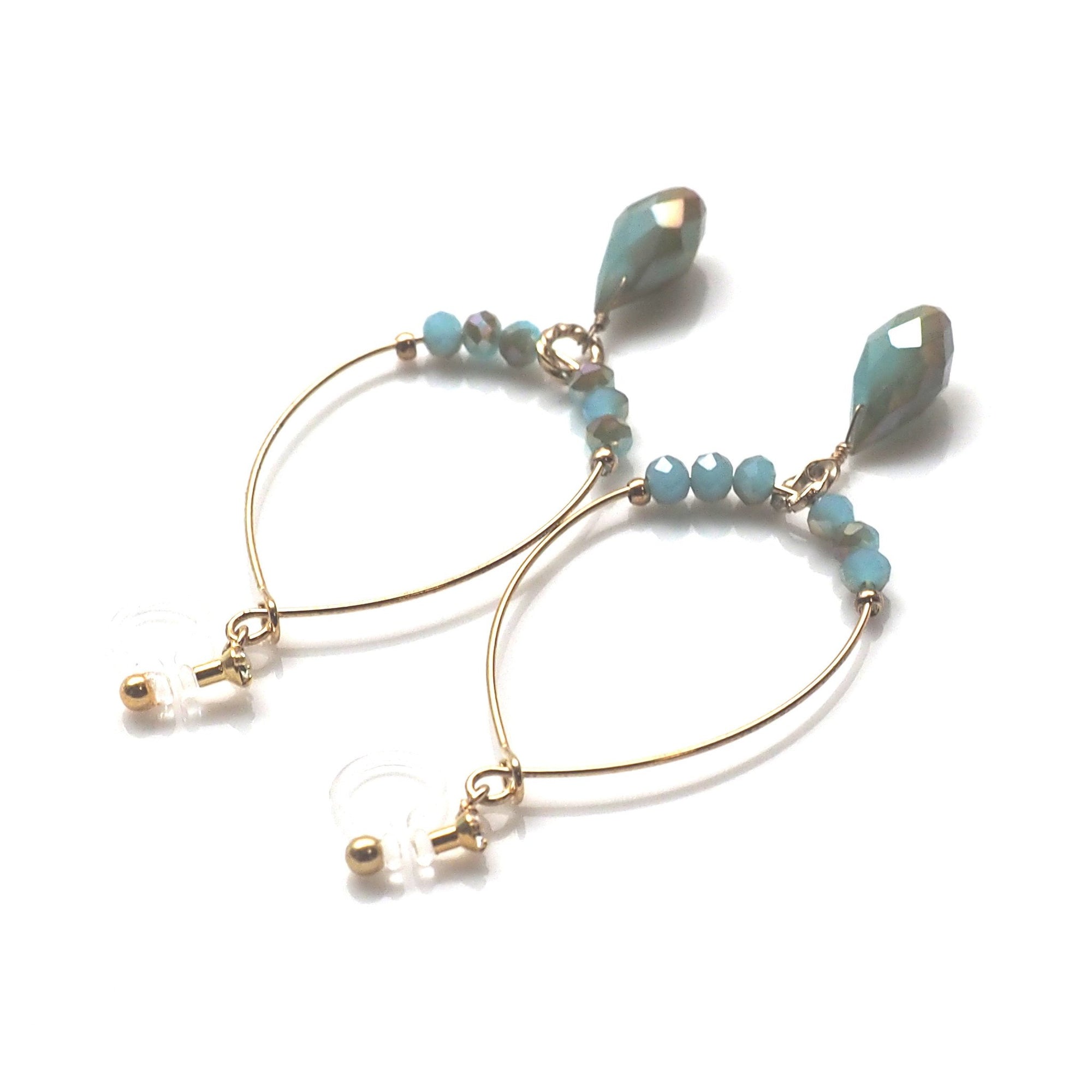 Pale green beads invisible clip on hoop earrings - miyabigracejewelry.com