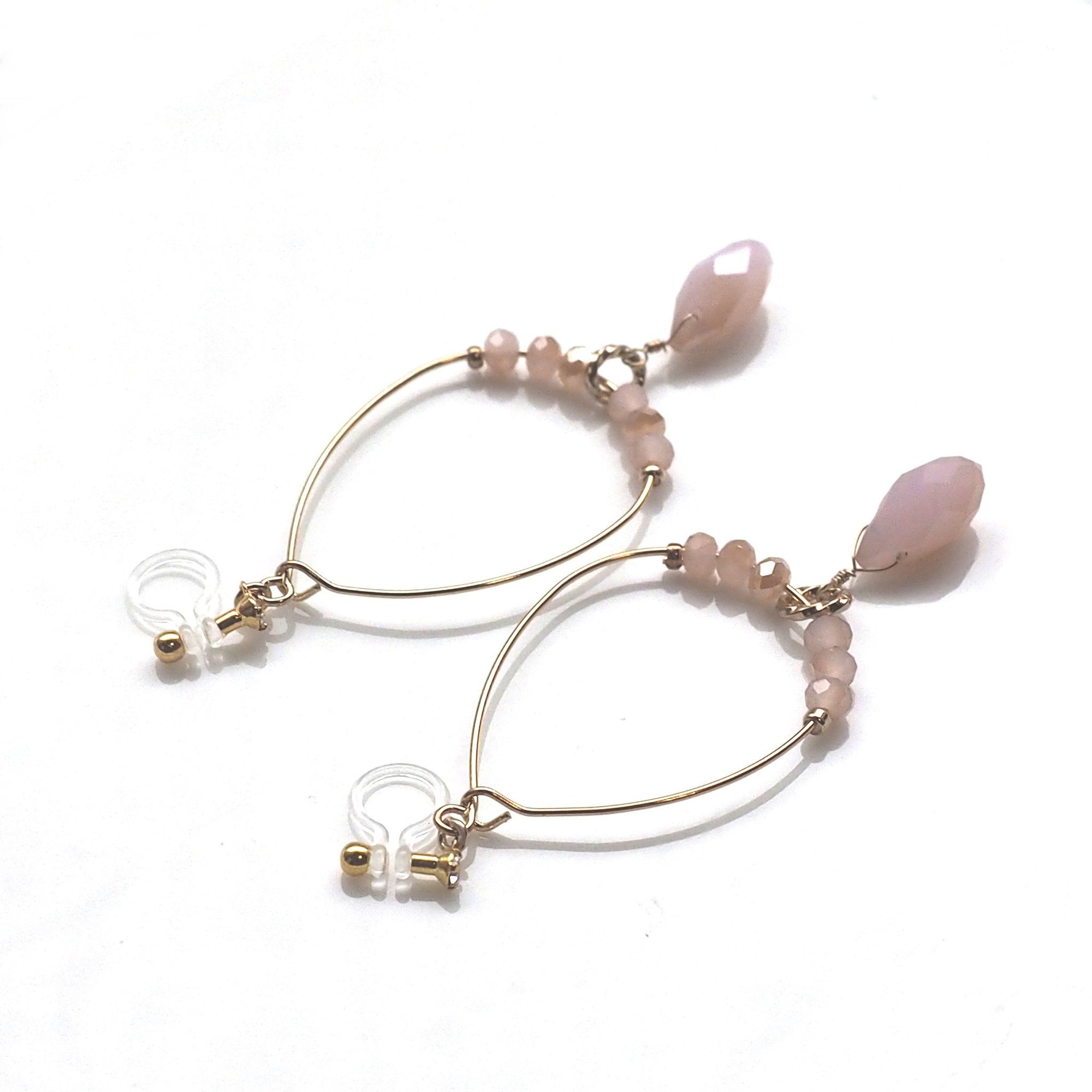 Pink beads invisible clip on hoop earrings - miyabigracejewelry.com