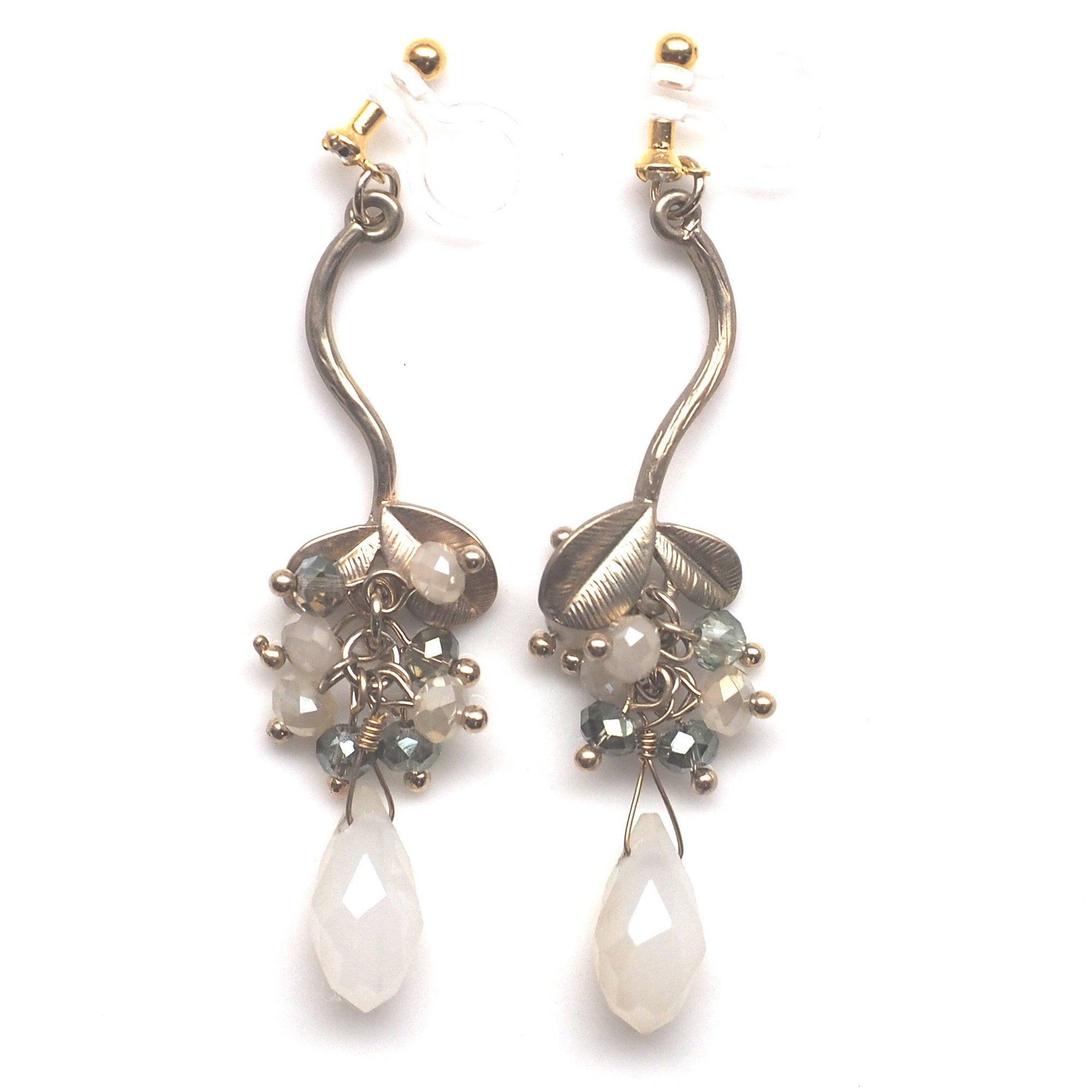 Gold leaf with ivory teardrop beads invisible clip on earrings - miyabigracejewelry.com