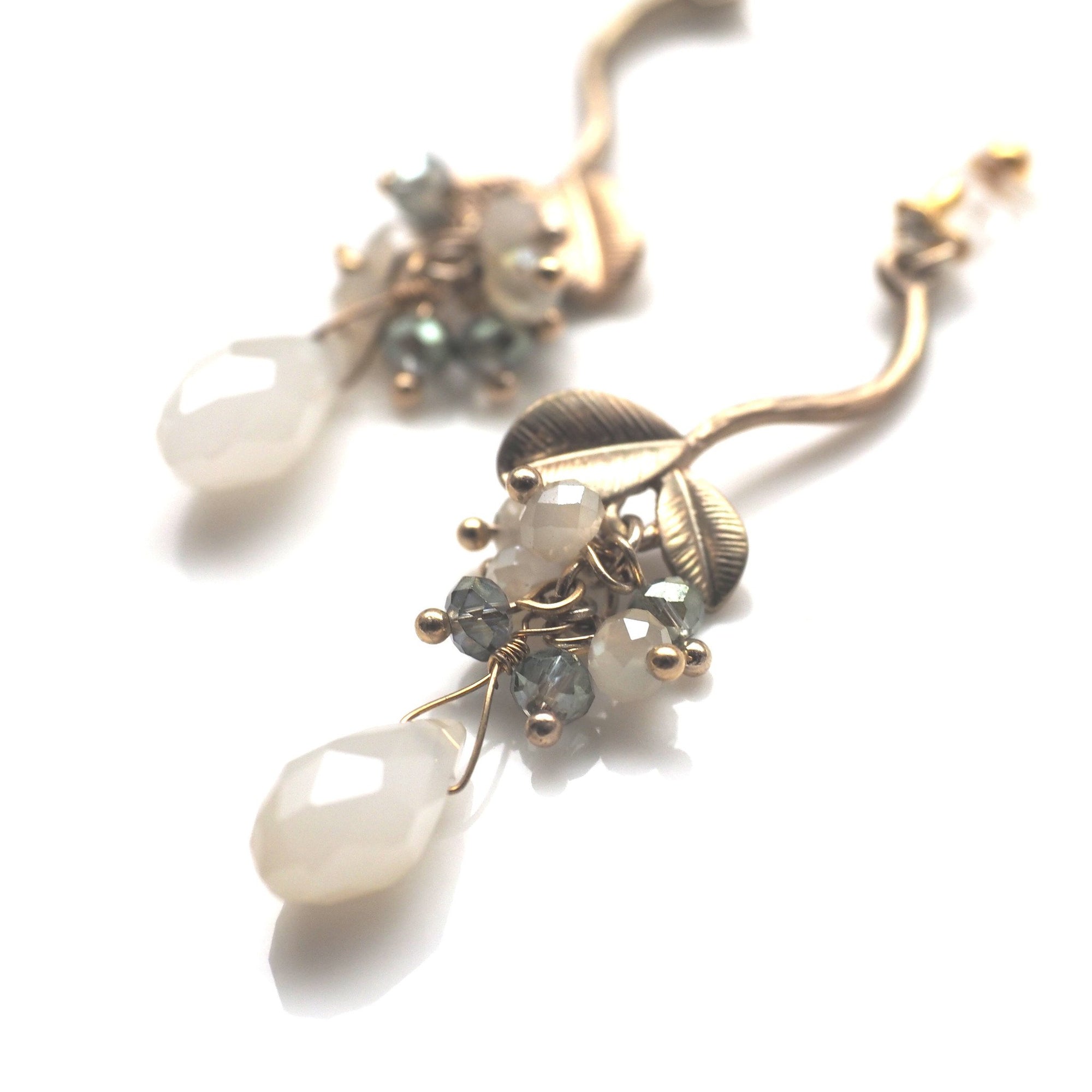 Gold leaf with ivory teardrop beads invisible clip on earrings - miyabigracejewelry.com