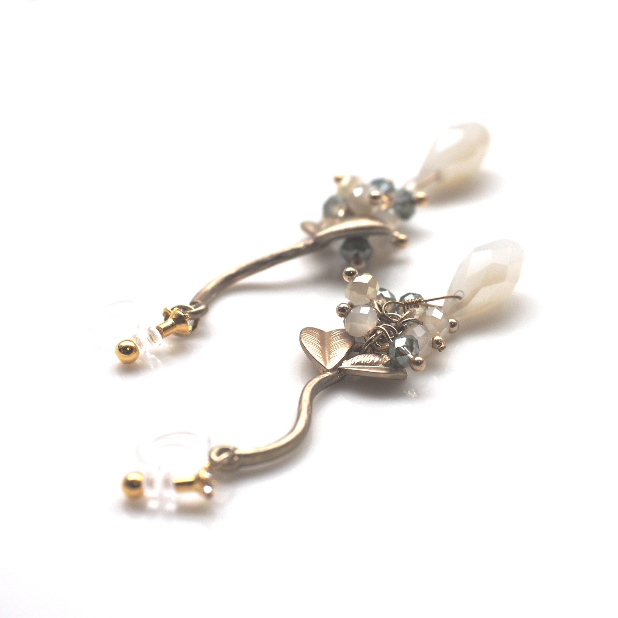 Gold leaf with ivory teardrop beads invisible clip on earrings - miyabigracejewelry.com