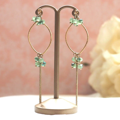 Invisible clip on hoop with pale green beads and chain earrings - miyabigracejewelry.com