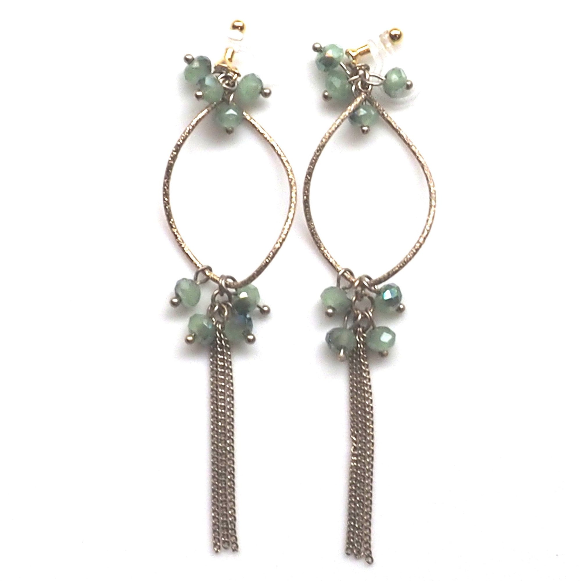 Invisible clip on hoop with pale green beads and chain earrings - miyabigracejewelry.com
