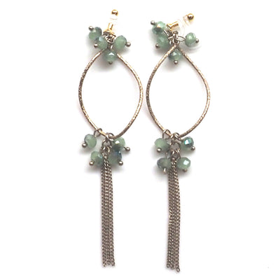Invisible clip on hoop with pale green beads and chain earrings - miyabigracejewelry.com