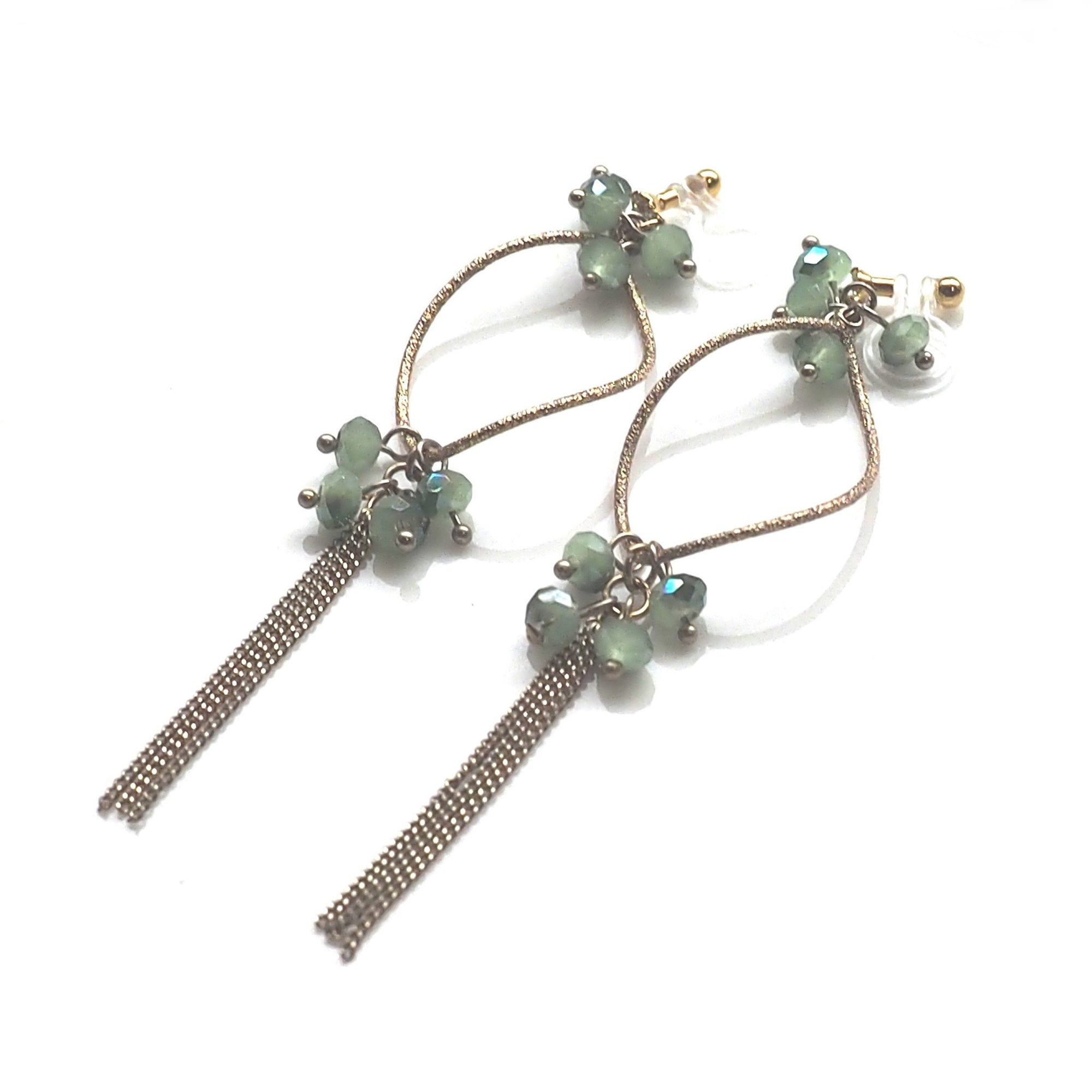 Invisible clip on hoop with pale green beads and chain earrings - miyabigracejewelry.com