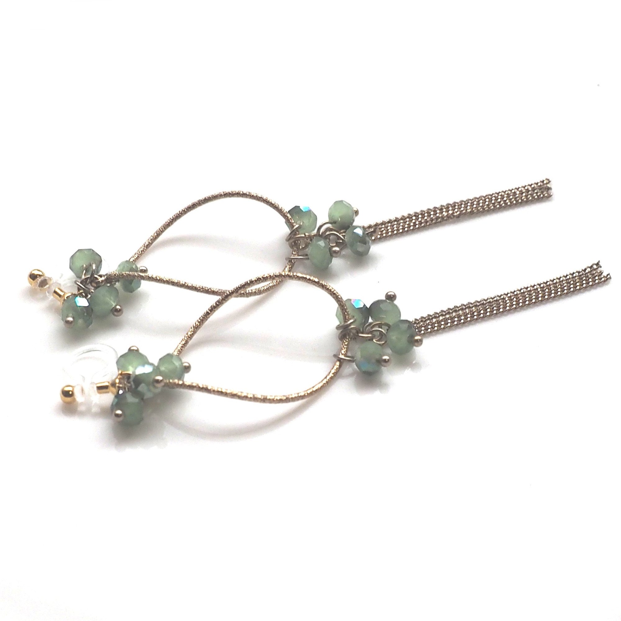 Invisible clip on hoop with pale green beads and chain earrings - miyabigracejewelry.com