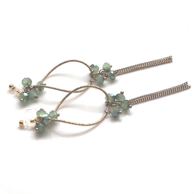 Invisible clip on hoop with pale green beads and chain earrings - miyabigracejewelry.com