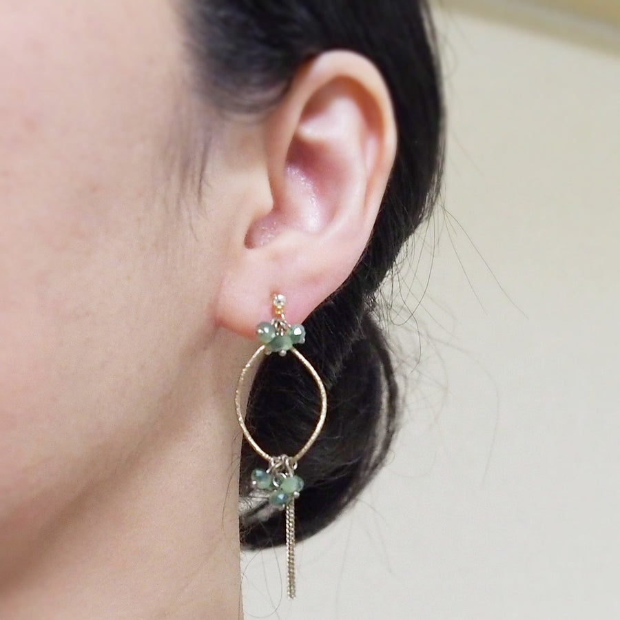 Invisible clip on hoop with pale green beads and chain earrings - miyabigracejewelry.com
