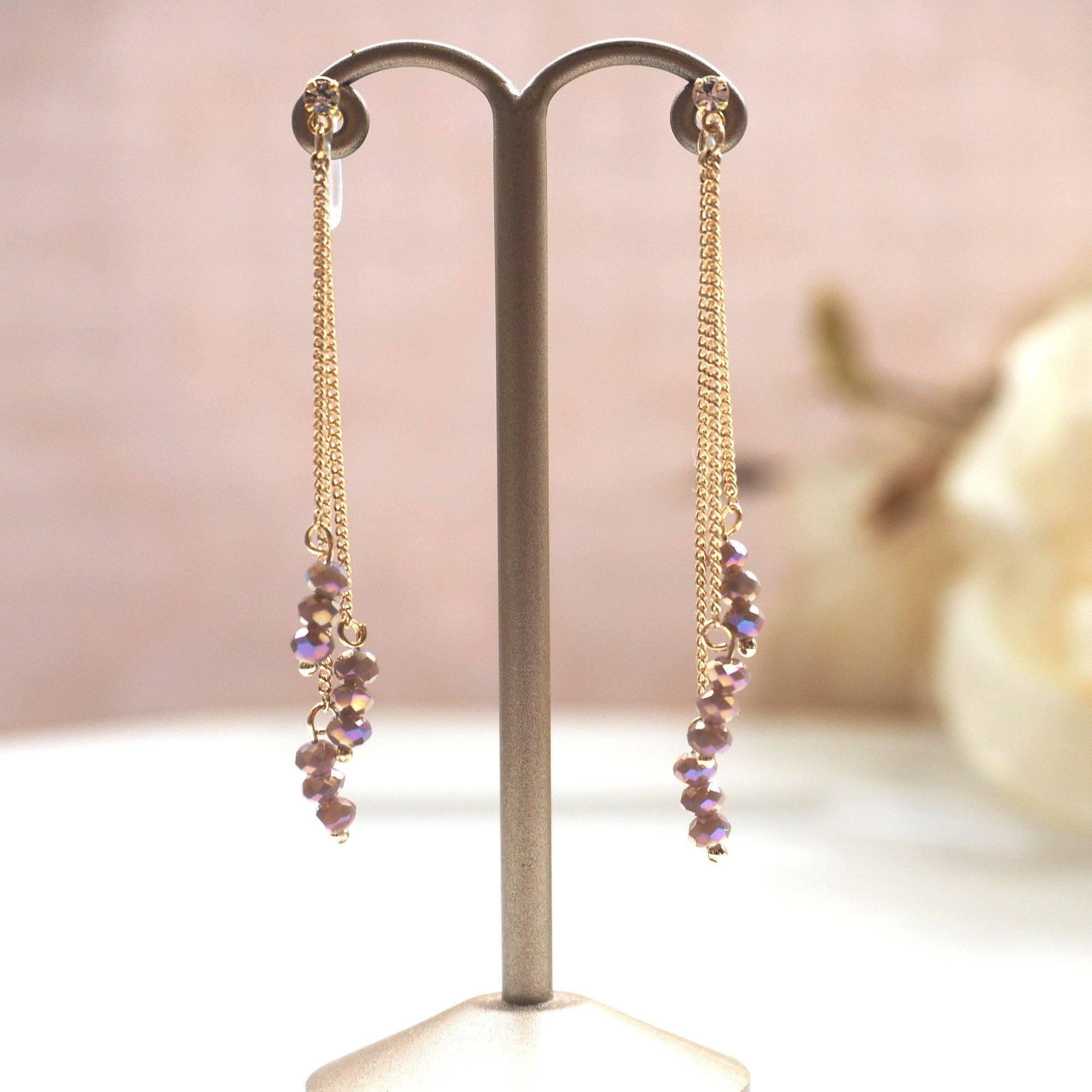 Beige gray beads invisible clip on earrings - miyabigracejewelry.com