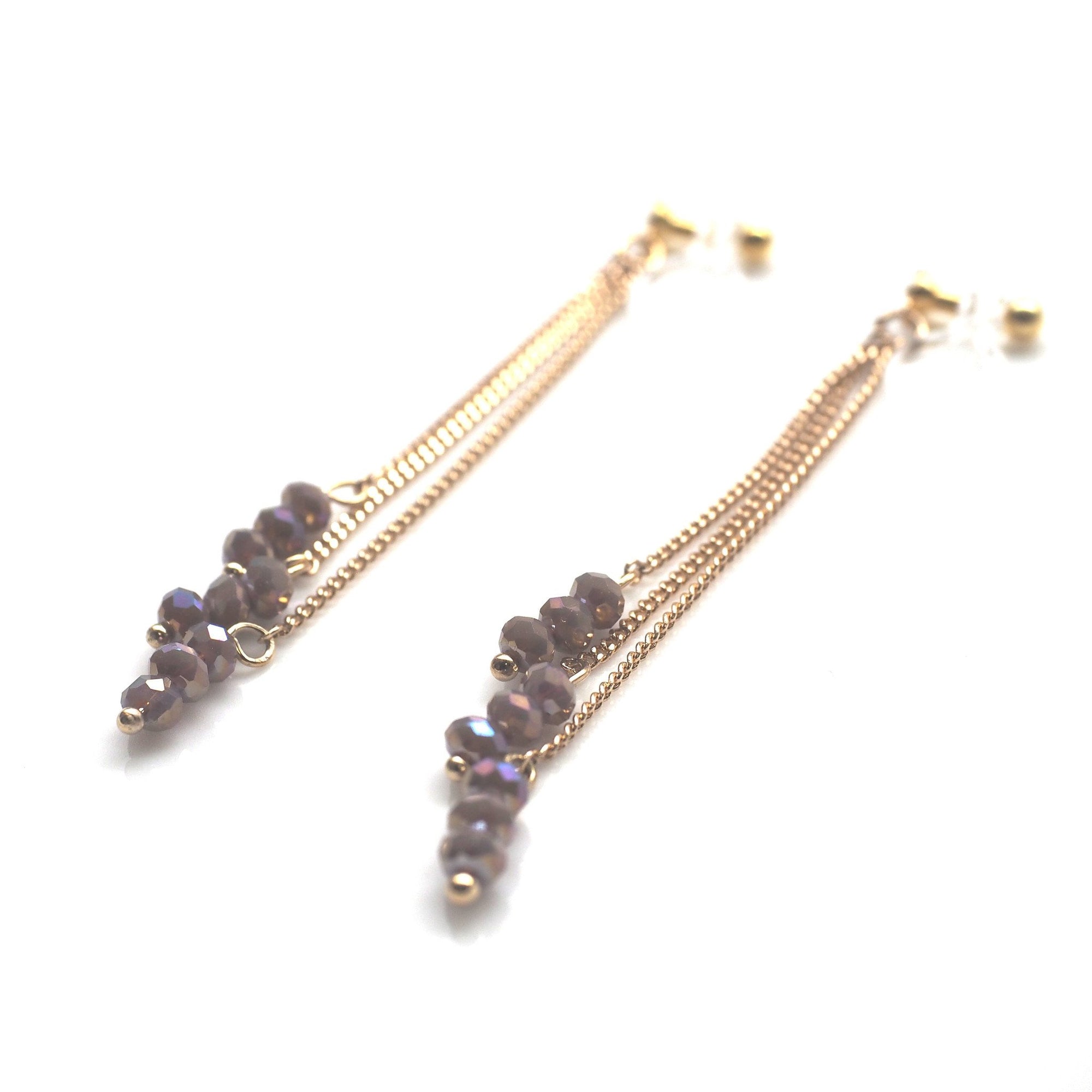 Beige gray beads invisible clip on earrings - miyabigracejewelry.com