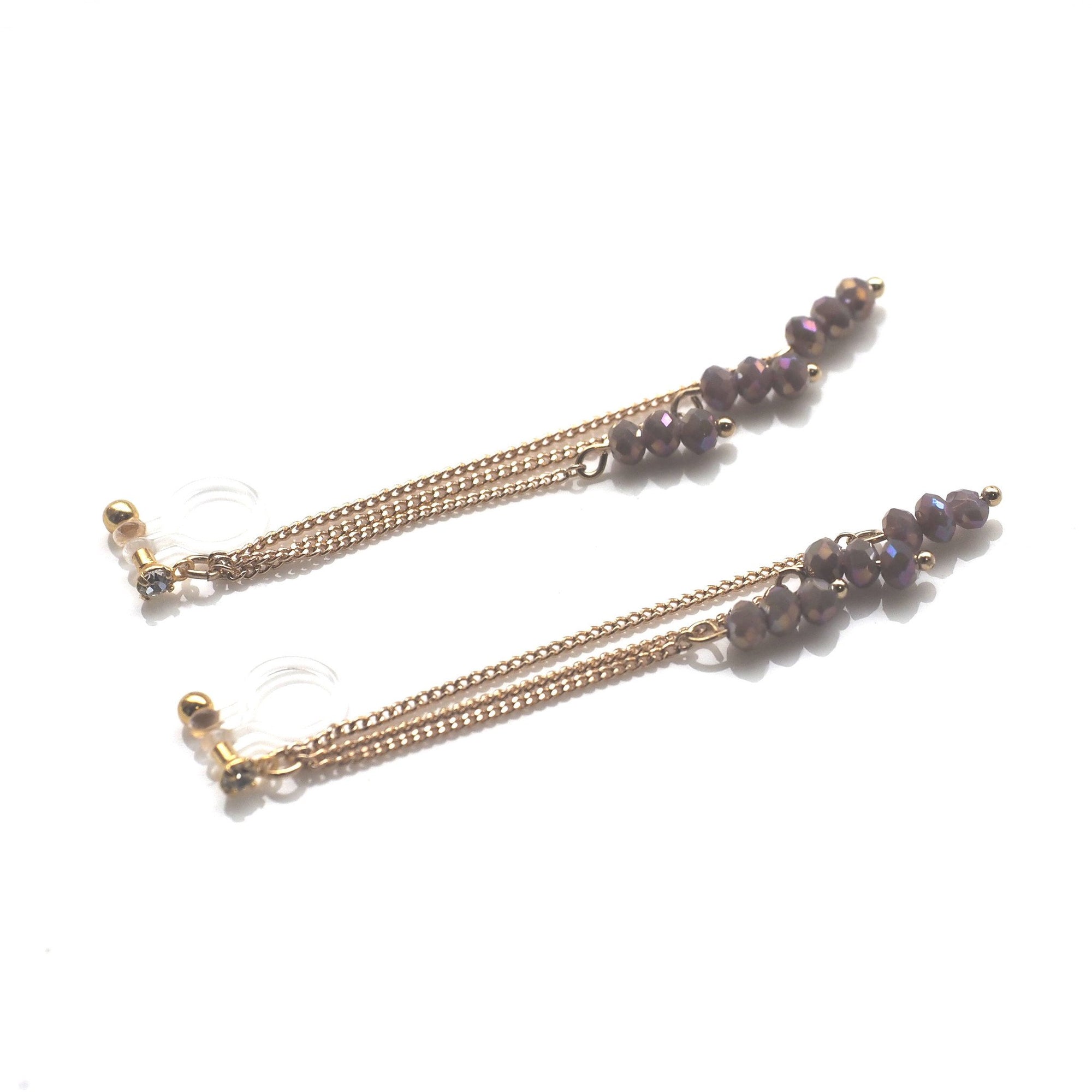 Beige gray beads invisible clip on earrings - miyabigracejewelry.com