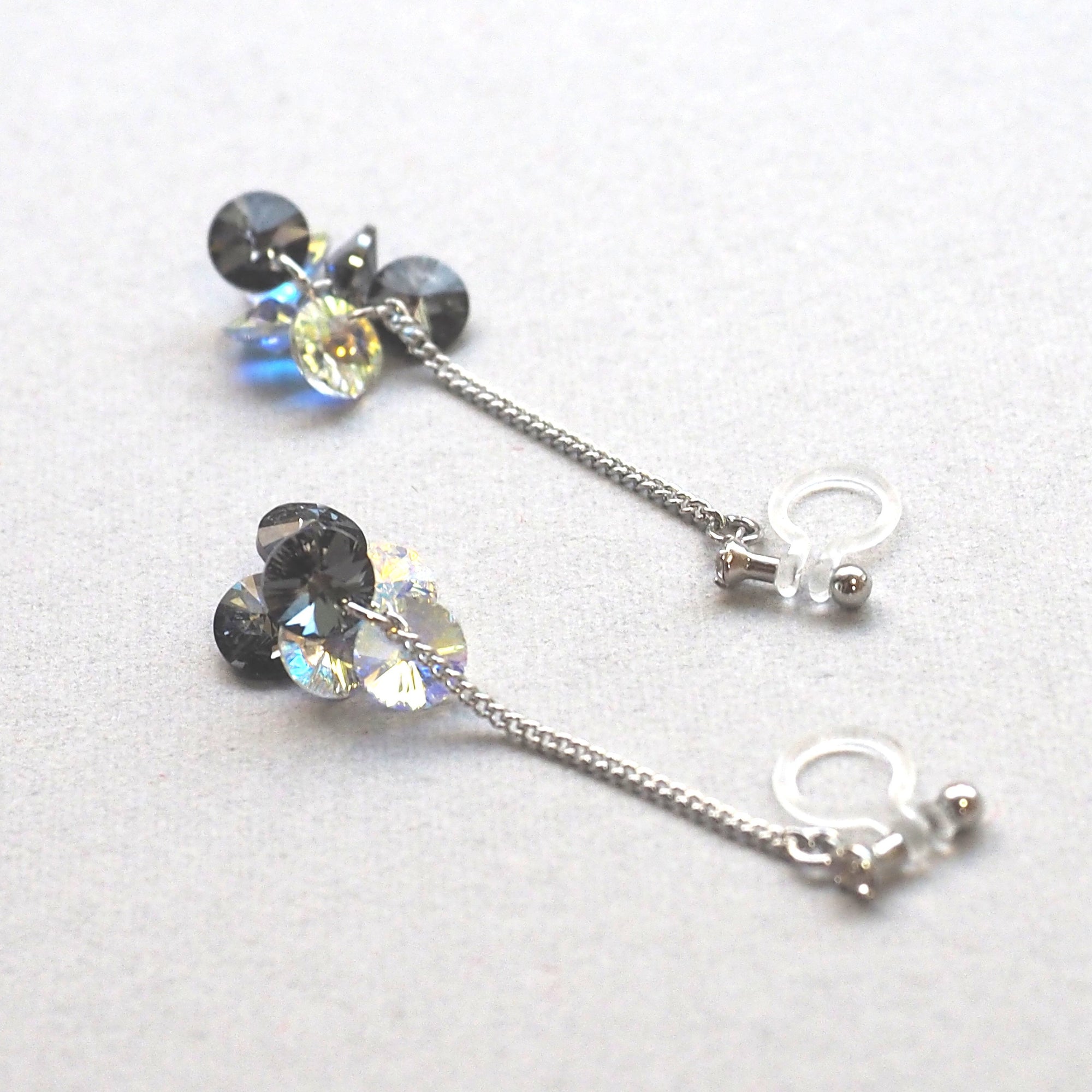 Dangle Aurora Borealis and black diamond Swarovski Crystal Invisible Clip On Earrings - miyabigracejewelry.com
