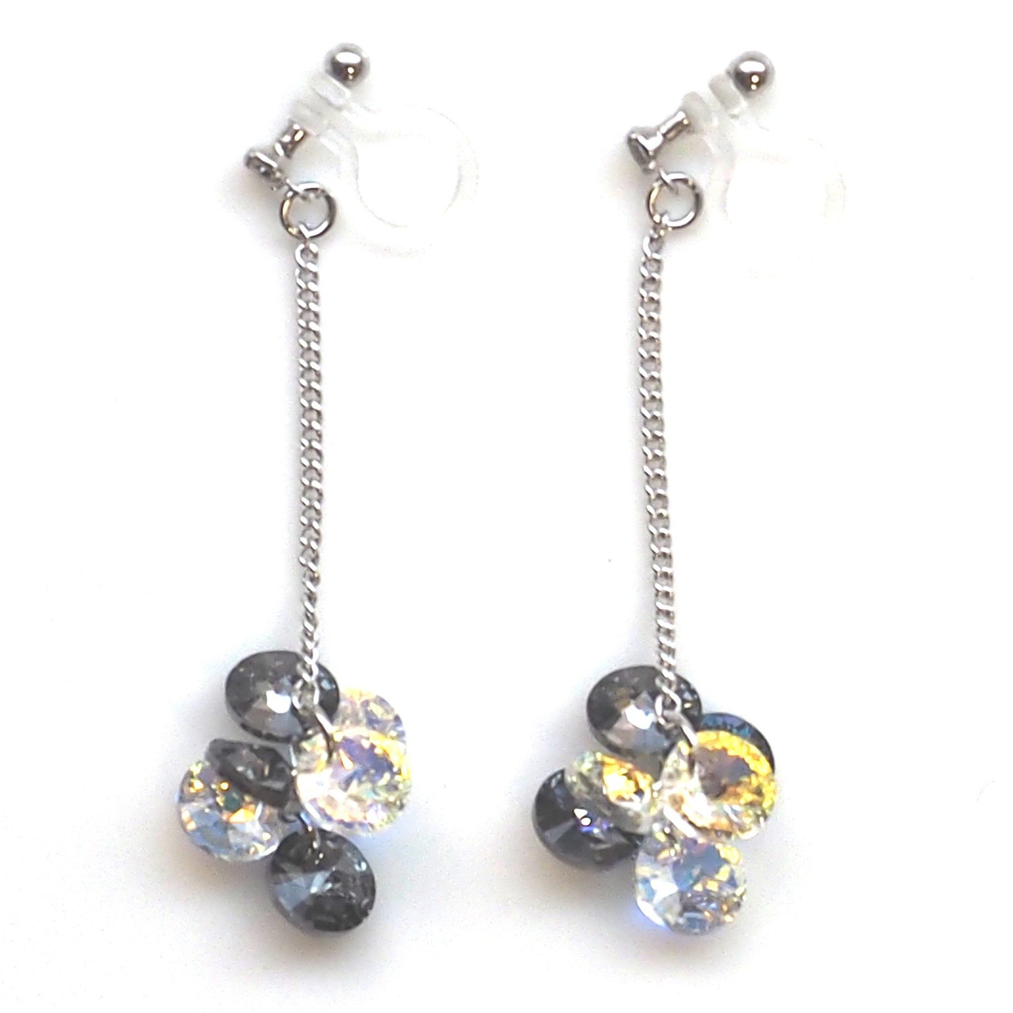 Dangle Aurora Borealis and black diamond Swarovski Crystal Invisible Clip On Earrings - miyabigracejewelry.com
