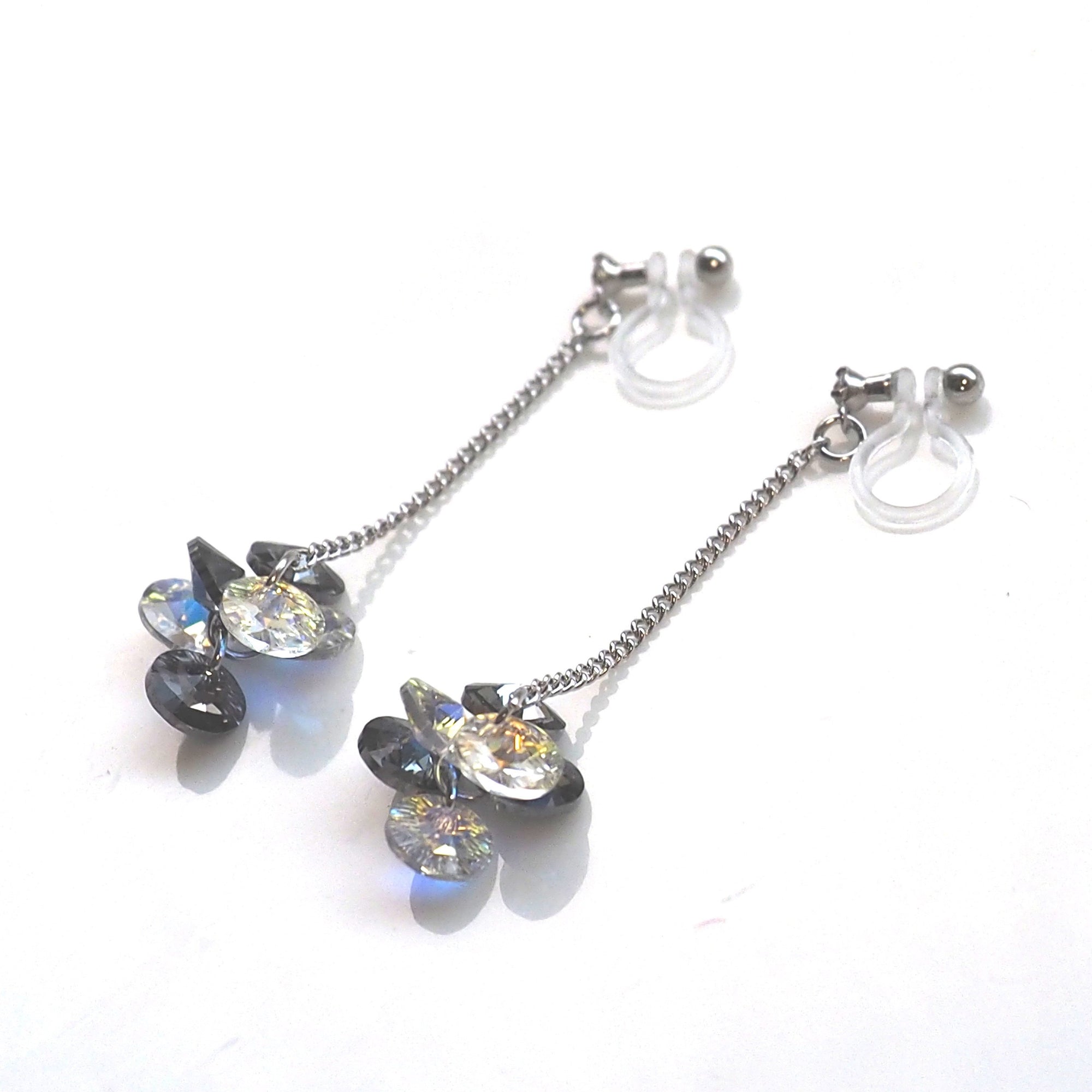 Dangle Aurora Borealis and black diamond Swarovski Crystal Invisible Clip On Earrings - miyabigracejewelry.com