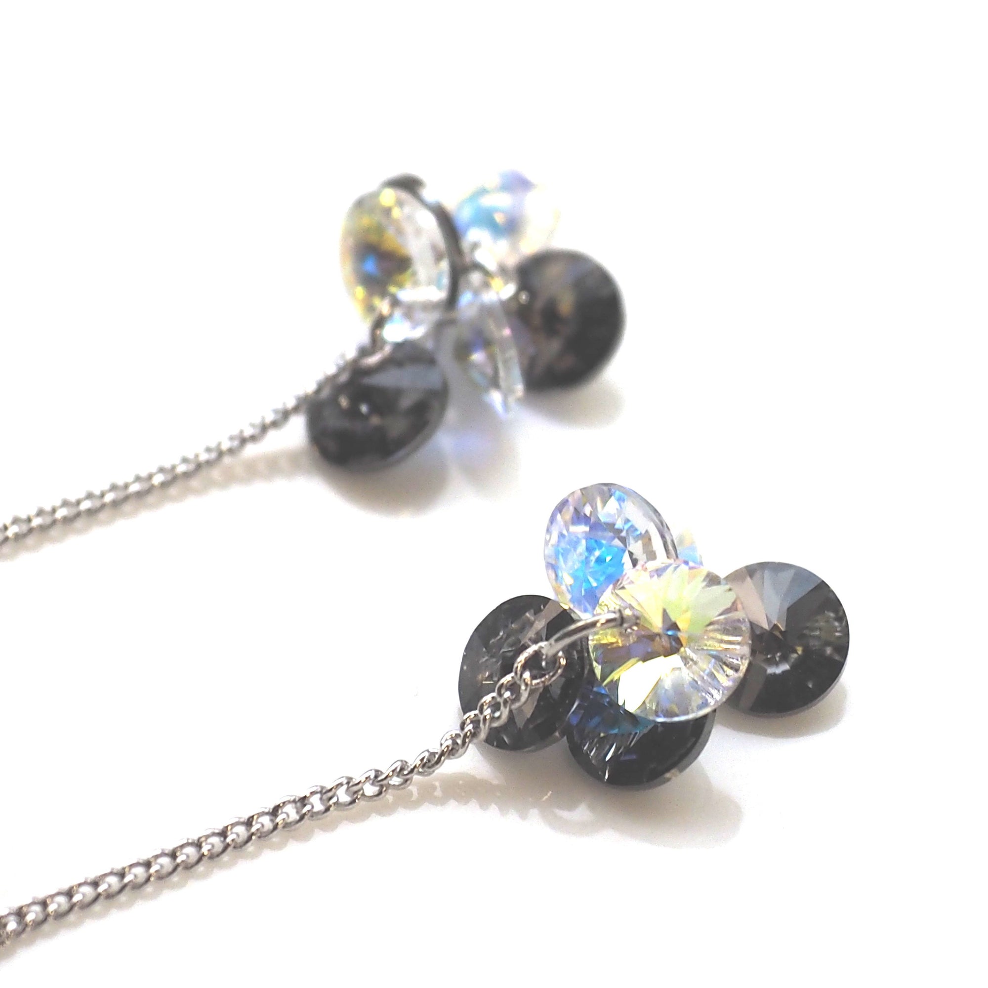 Dangle Aurora Borealis and black diamond Swarovski Crystal Invisible Clip On Earrings - miyabigracejewelry.com