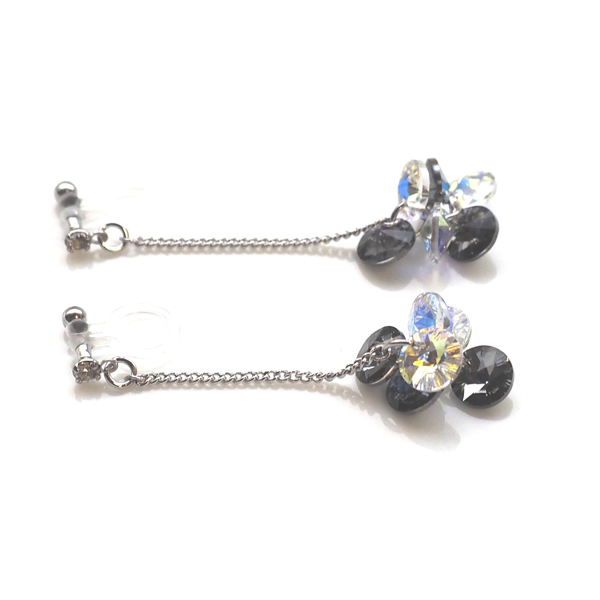 Dangle Aurora Borealis and black diamond Swarovski Crystal Invisible Clip On Earrings - miyabigracejewelry.com