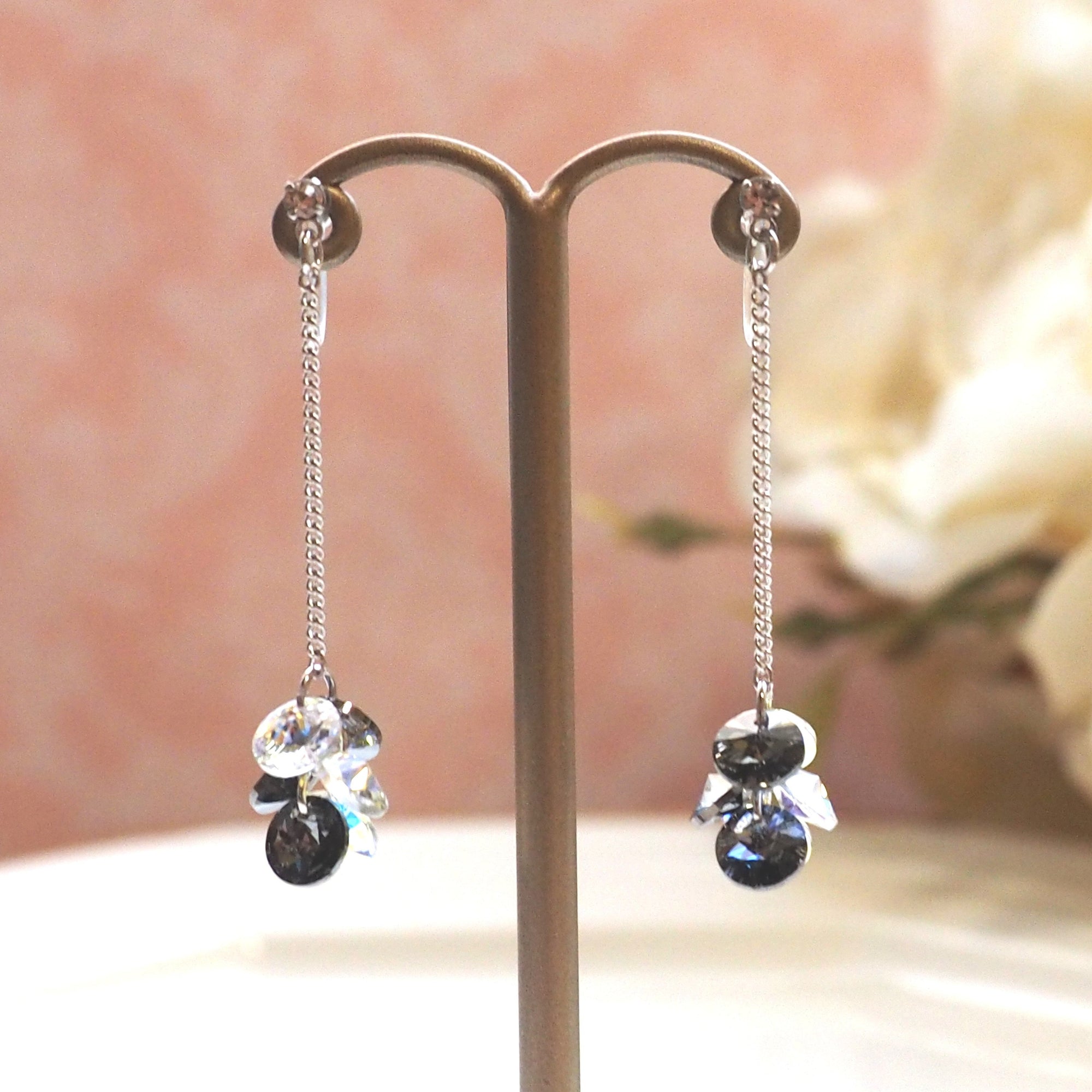 Dangle Aurora Borealis and black diamond Swarovski Crystal Invisible Clip On Earrings - miyabigracejewelry.com