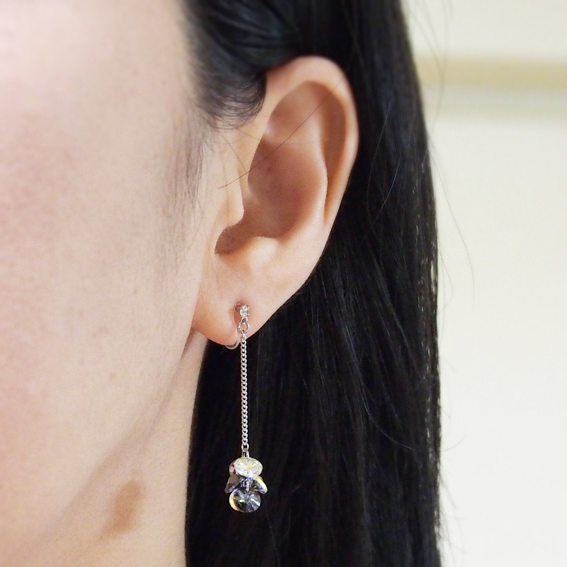 Dangle Aurora Borealis and black diamond Swarovski Crystal Invisible Clip On Earrings - miyabigracejewelry.com