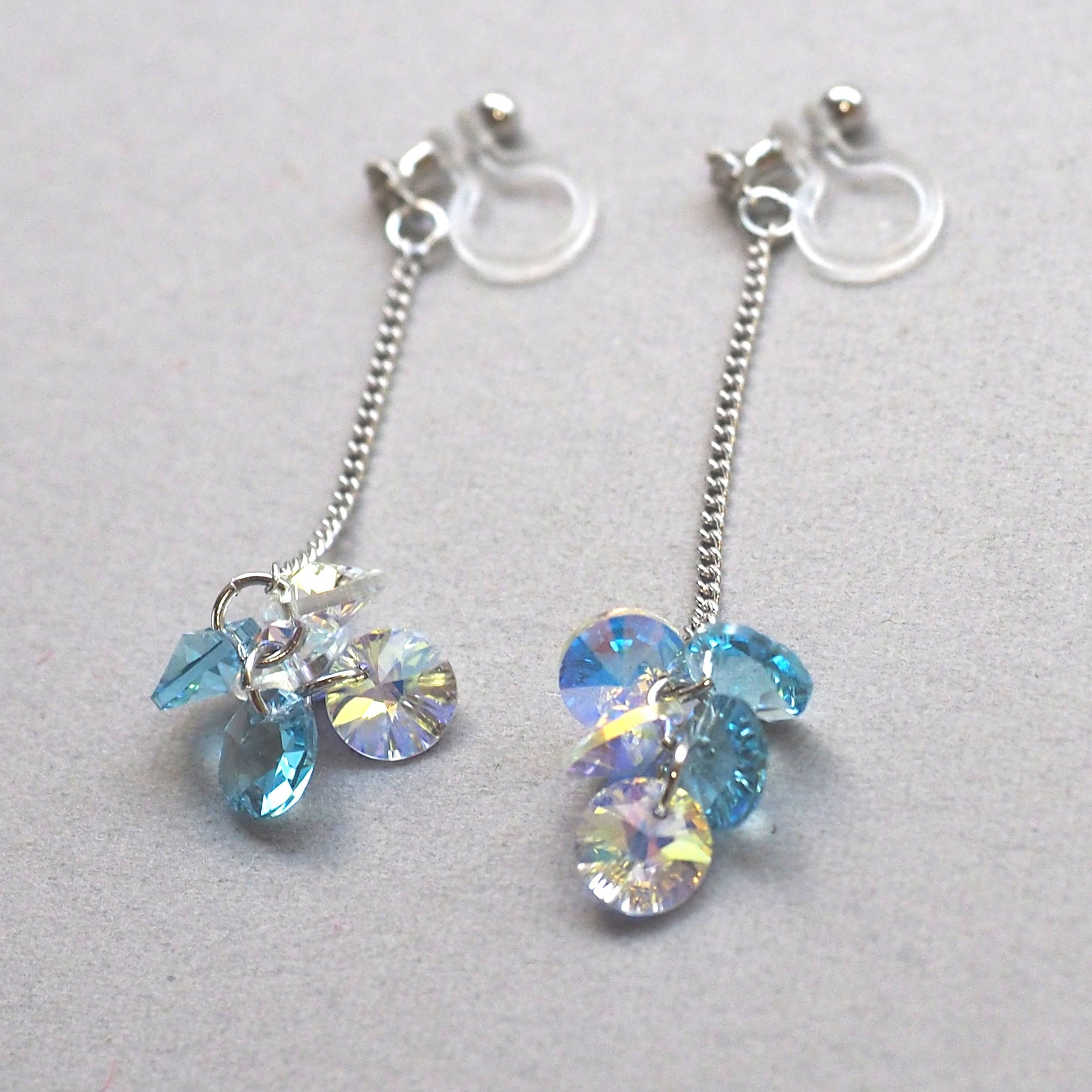 Dangle Aurora Borealis and Aquamarine Swarovski Crystal Invisible Clip On Earrings - miyabigracejewelry.com