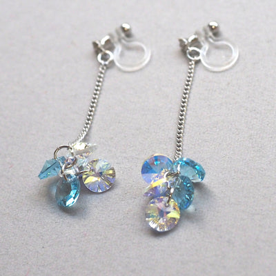 Dangle Aurora Borealis and Aquamarine Swarovski Crystal Invisible Clip On Earrings - miyabigracejewelry.com