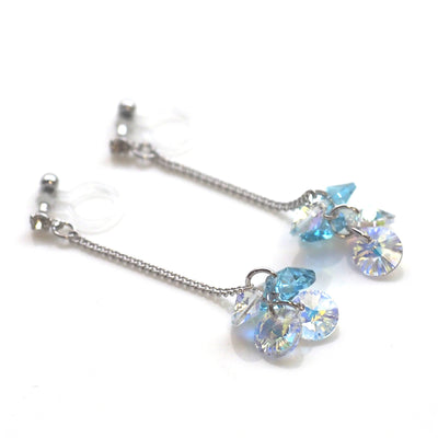 Dangle Aurora Borealis and Aquamarine Swarovski Crystal Invisible Clip On Earrings - miyabigracejewelry.com