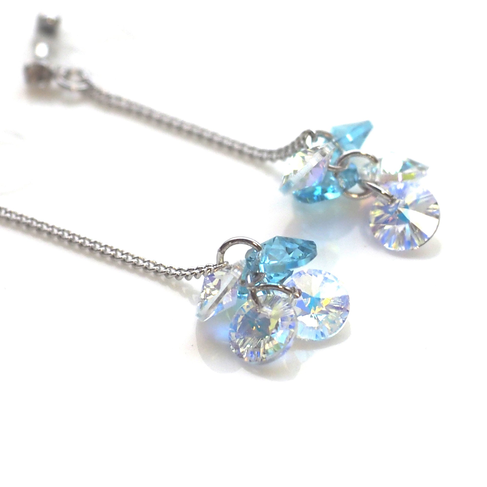 Dangle Aurora Borealis and Aquamarine Swarovski Crystal Invisible Clip On Earrings - miyabigracejewelry.com