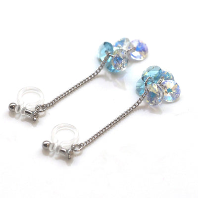 Dangle Aurora Borealis and Aquamarine Swarovski Crystal Invisible Clip On Earrings - miyabigracejewelry.com