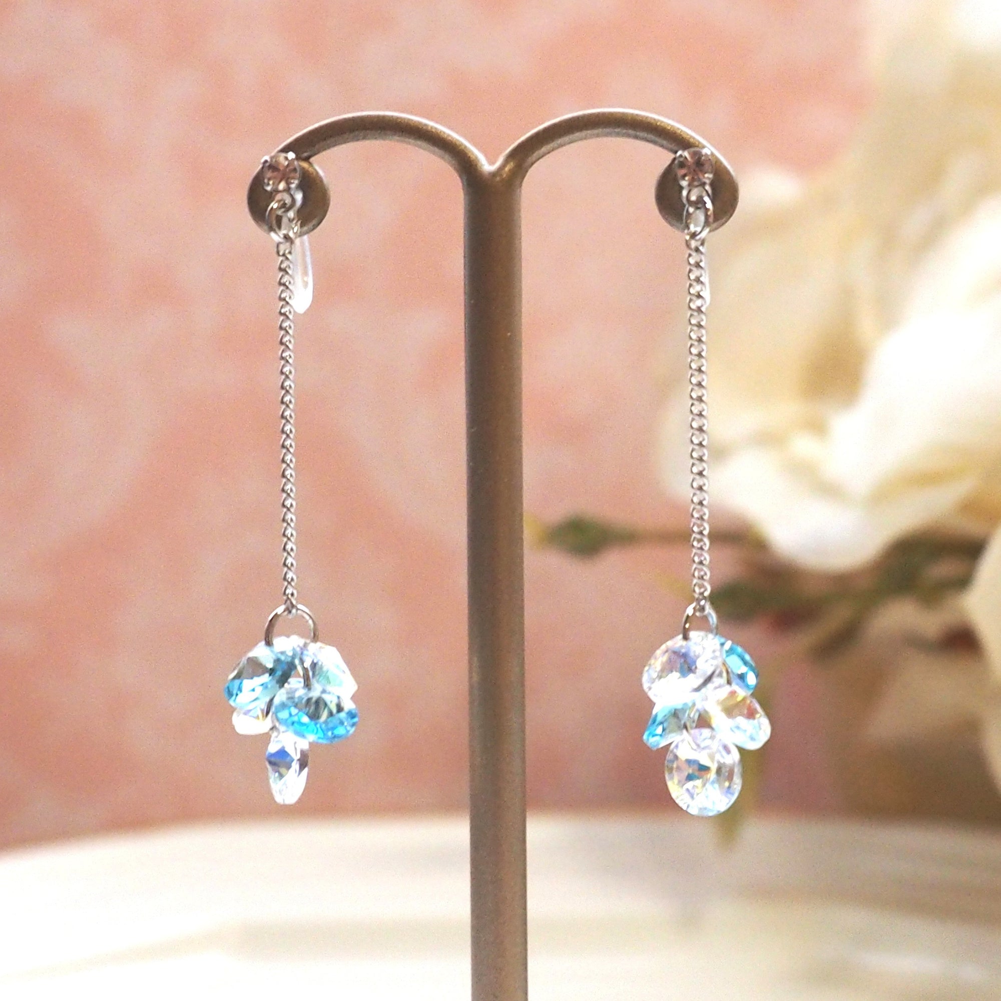 Dangle Aurora Borealis and Aquamarine Swarovski Crystal Invisible Clip On Earrings - miyabigracejewelry.com