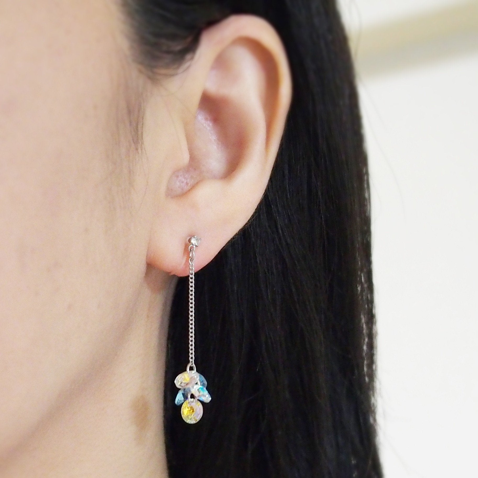 Dangle Aurora Borealis and Aquamarine Swarovski Crystal Invisible Clip On Earrings - miyabigracejewelry.com