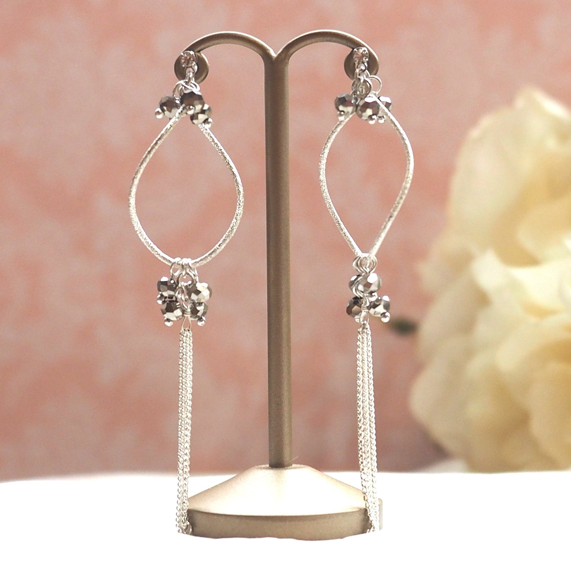 Invisible clip on hoop with metallic black beads and chain earrings - miyabigracejewelry.com